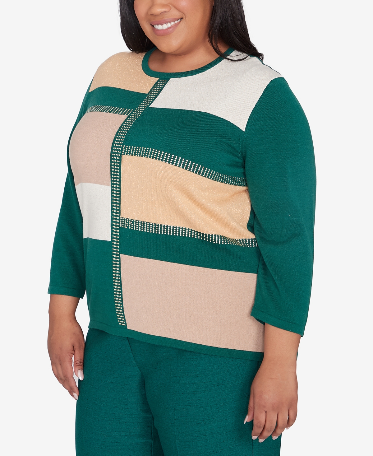 Alfred Dunner Plus Size Emerald Isle Color Blocking Gold Trim Sweater In Multi Green