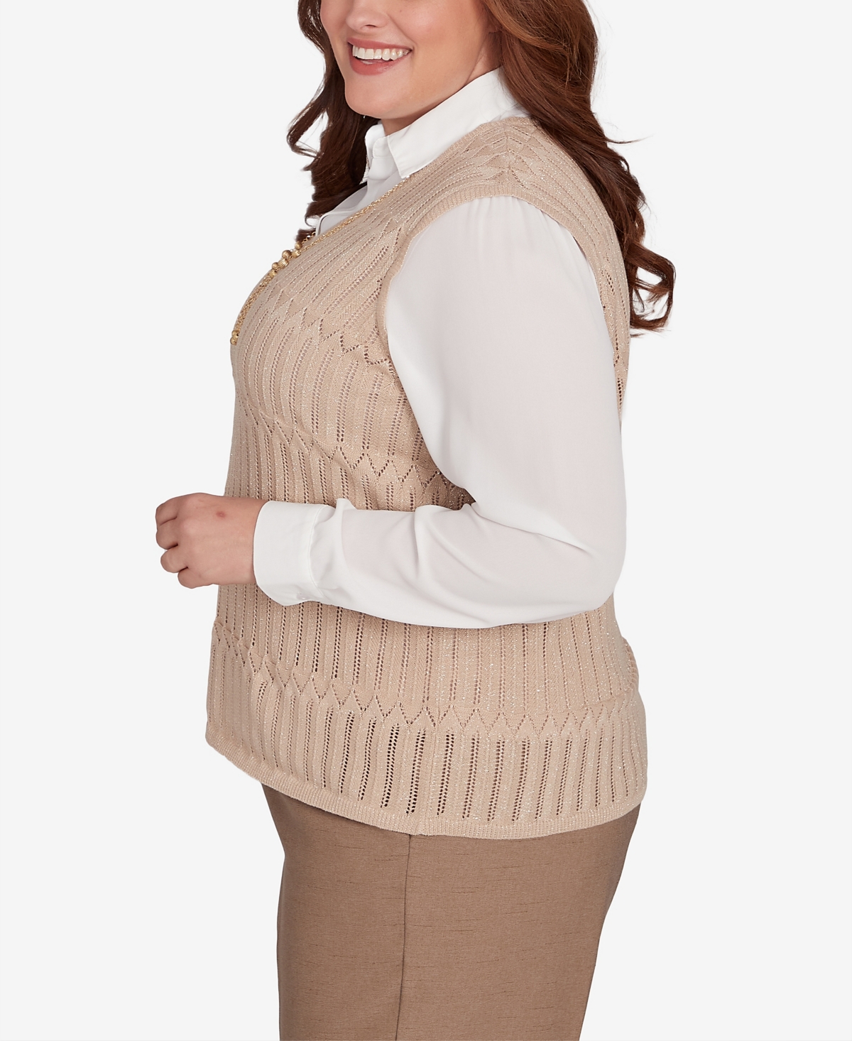 Alfred Dunner Plus Size Emerald Isle Two In One Textured Sweater Vest With A Detachable Necklace In Cashew