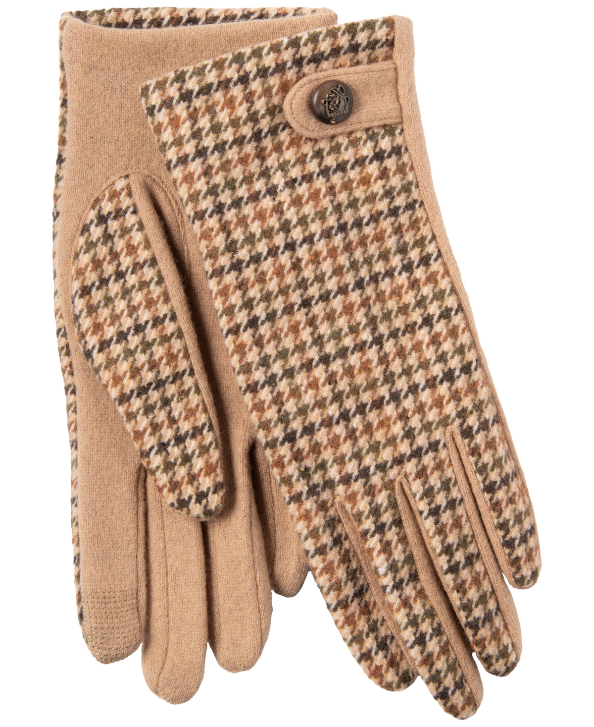 Ralph Lauren Menswear Pattern Touch Gloves With Button In Camel,brown Guncheck