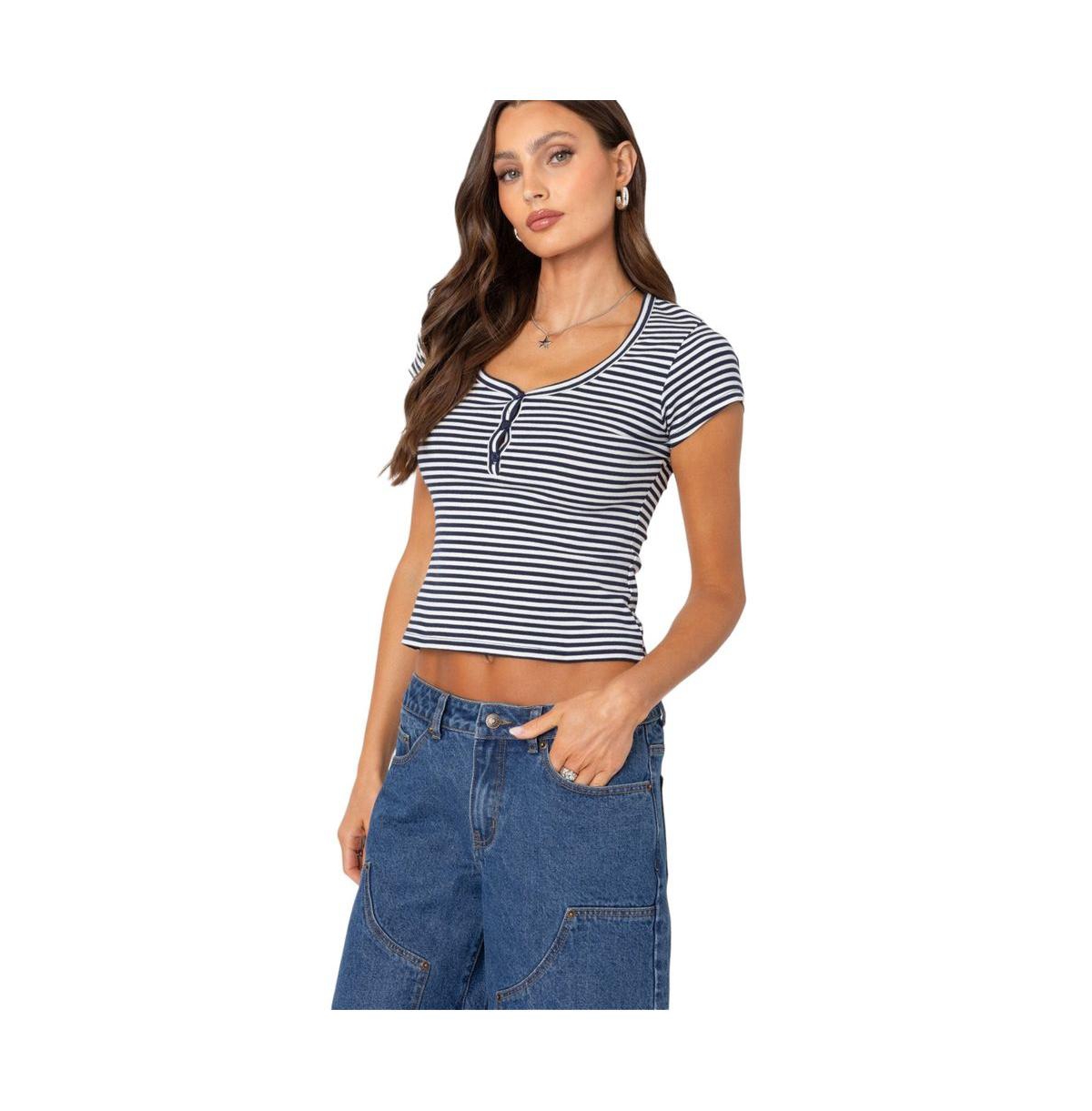 Edikted Women's Kady Striped Henley T Shirt