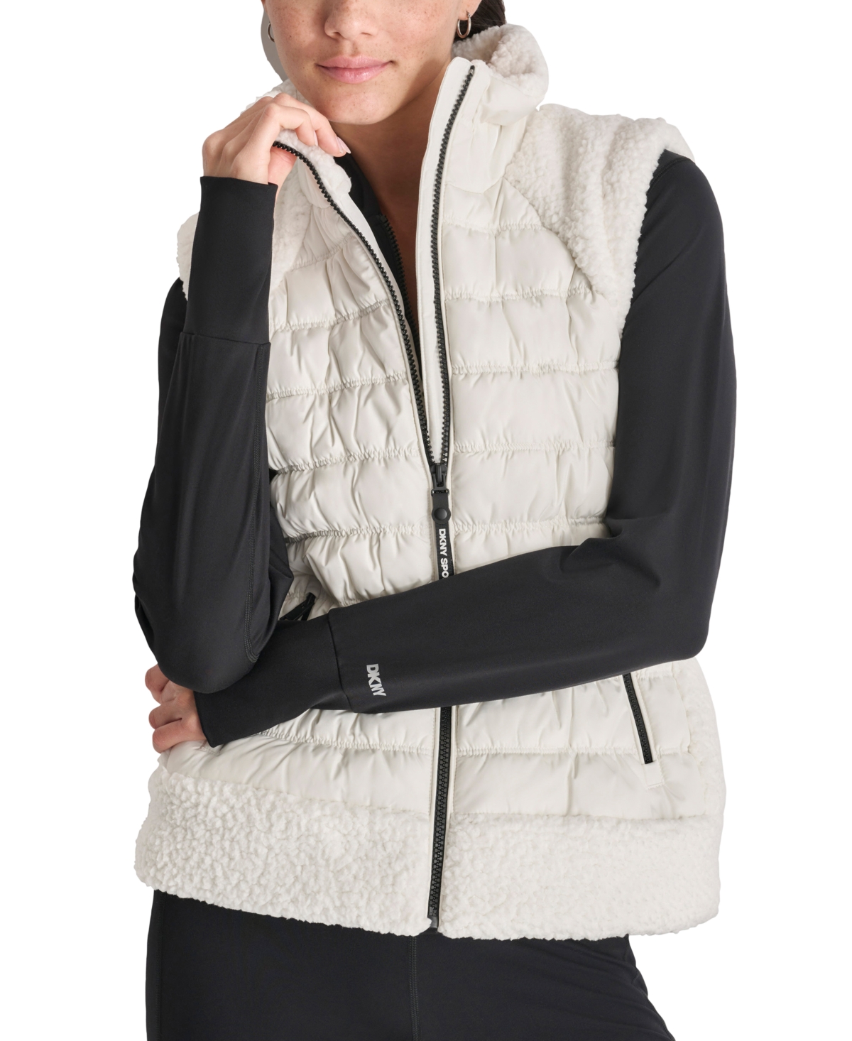 Dkny Women's Horizontal Channel Quilted Mock Neck Puffer Vest With Sherpa In Cloud