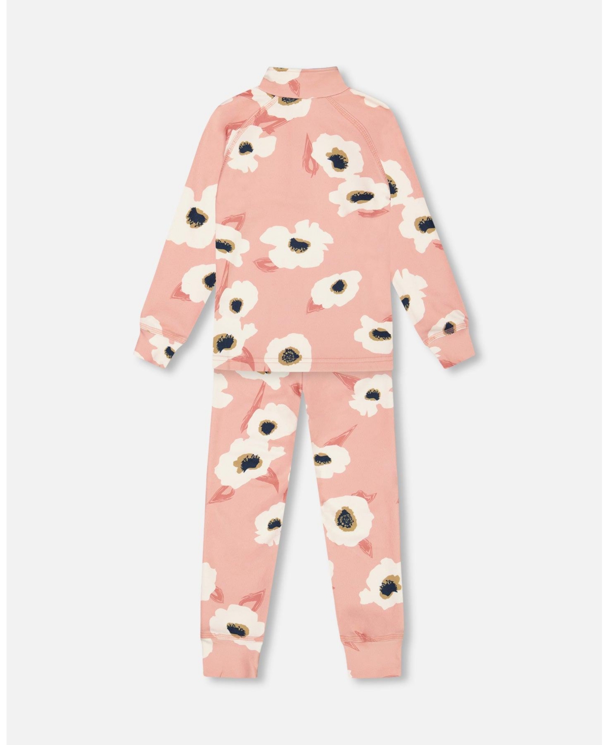 Deux par Deux Big Girls Two Piece Thermal Underwear Set- Pink printed off white flowers