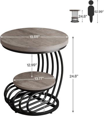 Round End Table: 2 Tiers Faux Marble Side Table, Bedside Nightstand, Metal Arc-Shaped Frame Accent Table