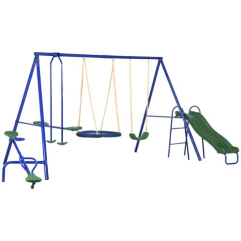 Детские игрушки Outsunny 4-in-1 Metal Swing Set with Glider, Seesaw, Saucer Swing & Slide, Holds 7, Ages 3+, цвет: Синий
