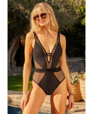 Becca Women's Network Metallic Mesh Plunge-Neck One-Piece