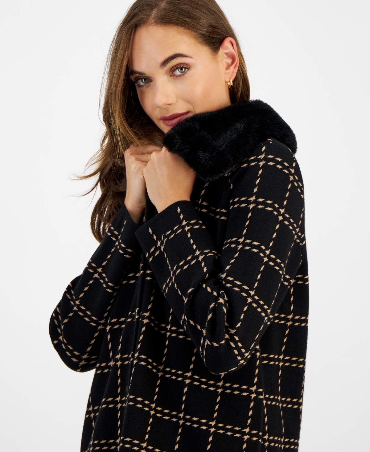 Kasper Women's Faux-Fur-Collar Knit Coat -Camel