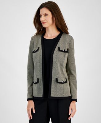Kasper - Petite Herringbone Framed Open-Front Blazer,