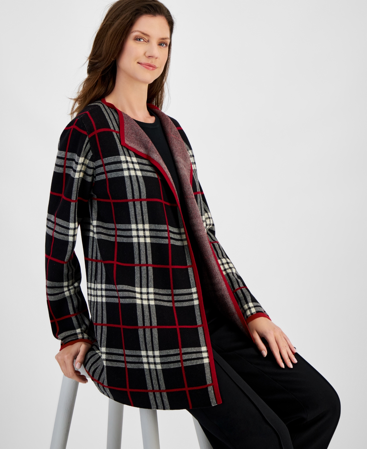 Kasper Petite Plaid Open-Front Cardigan