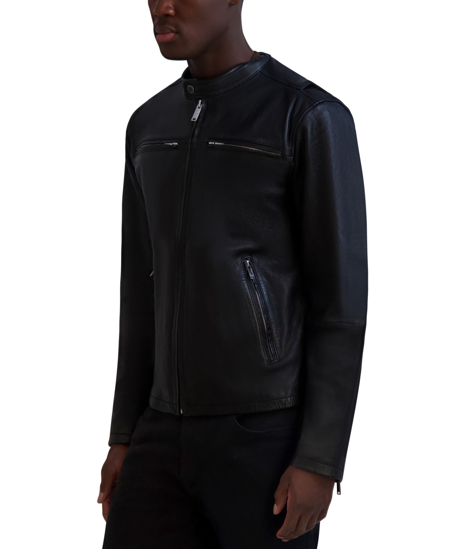 Paris Men's Band-Collar Distressed Leather Jacket