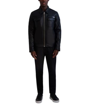 Karl Lagerfeld Paris Men's Faux-Leather Full-Zip Trucker Jacket