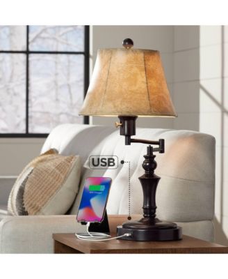 Corey Traditional Natural Cottage Swing Arm Desk Table Lamp with Hotel Style USB Charging Port 21.75" High Bronze Metal Faux Leather Bell Shade Living Room Bedroom House Bedside - Regency Hill