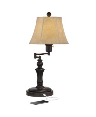 Corey Traditional Natural Cottage Swing Arm Desk Table Lamp with Hotel Style USB Charging Port 21.75" High Bronze Metal Faux Leather Bell Shade Living Room Bedroom House Bedside - Regency Hill