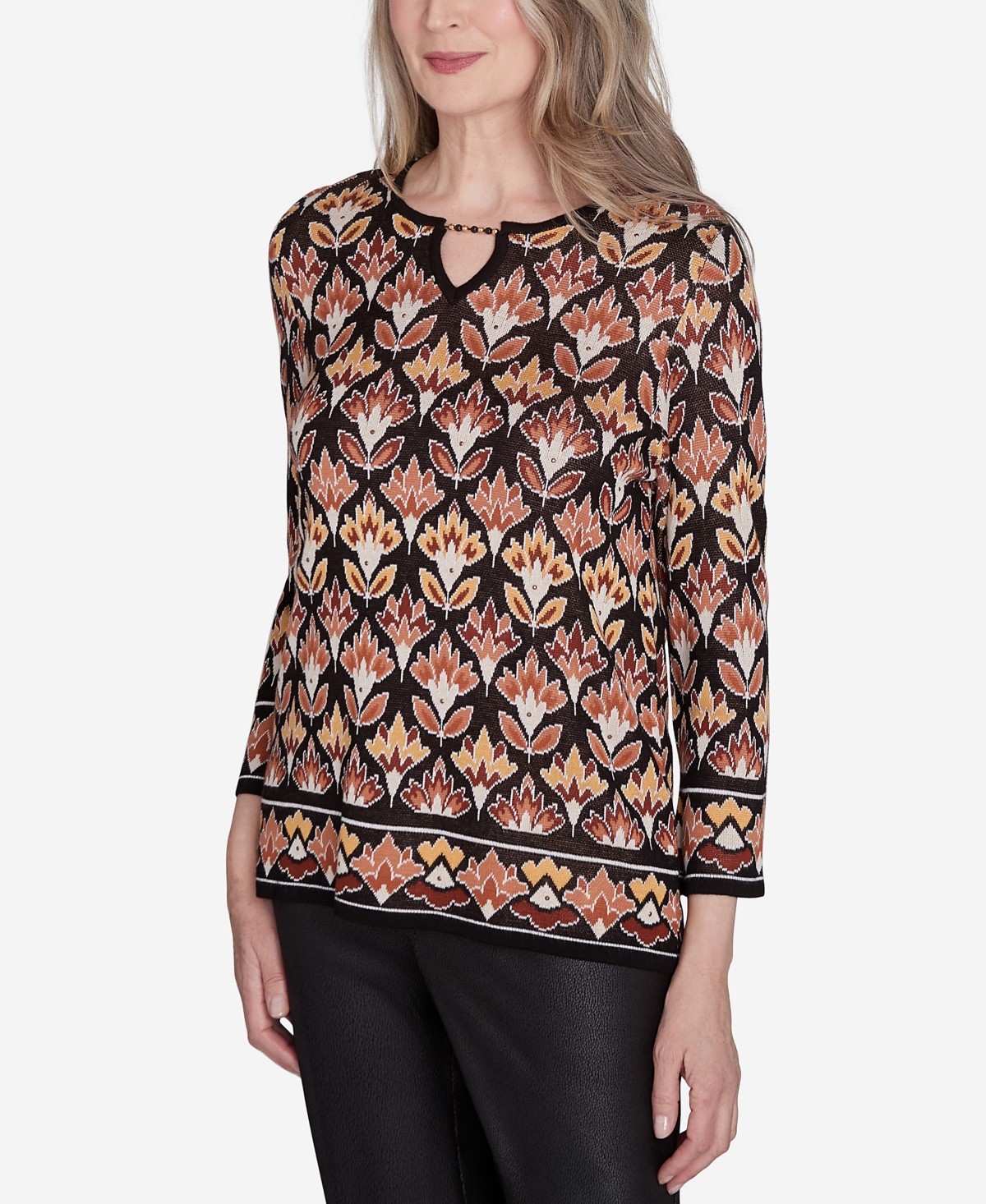Alfred Dunner Plus Size Rue Rivoli Medallion Beaded Split Neck Sweater In Neutral Multi