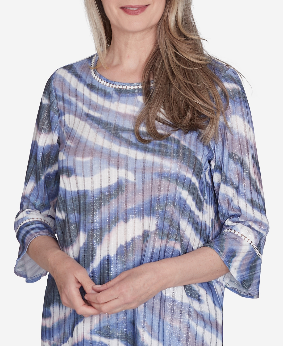 ALFRED DUNNER WOMEN'S WORTH AVENUE WATERCOLOR TOP WITH THREE QUARTER BELL SLEEVES 