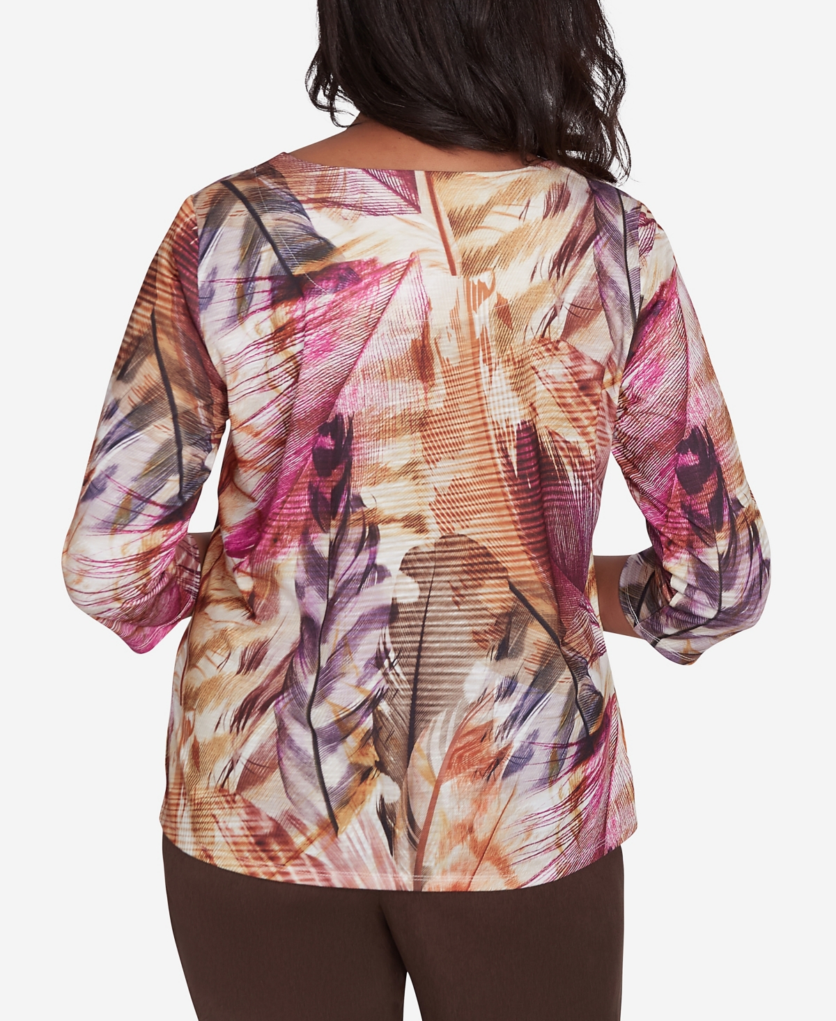 Alfred Dunner Women's Wine Country Feathers Lace Detailed Crew Neck Top