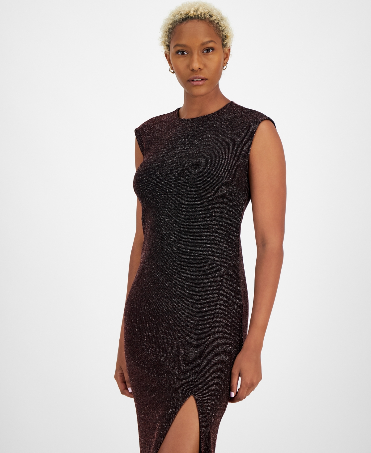 Bar Iii Women's Strong Shoulder Side-Slit Midi Dress, Created for Macy's -Black