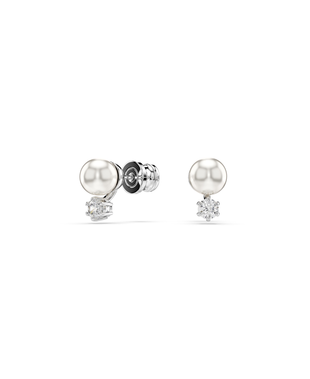 Swarovski Crystal Pearl, Round Cut, White, Rhodium Plated Matrix Stud Earrings In Silver