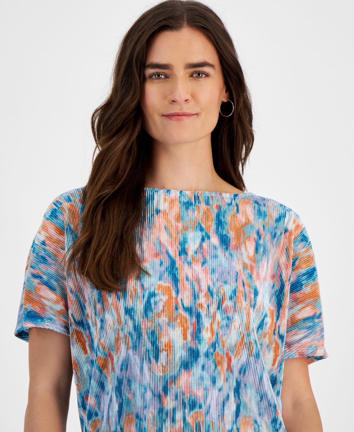 Jm Collection Women's Plisse Watercolor-Print Top, Created for Macy's