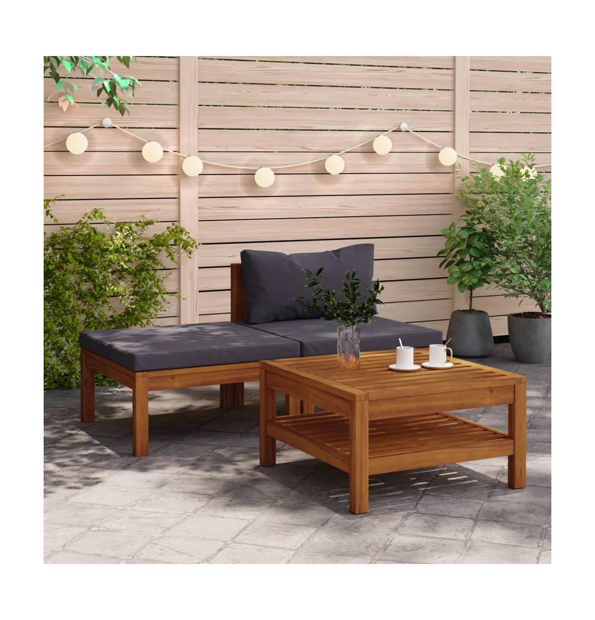 vidaXL 3 Piece Patio Lounge Set with DarkCushions Acacia Wood - Gray