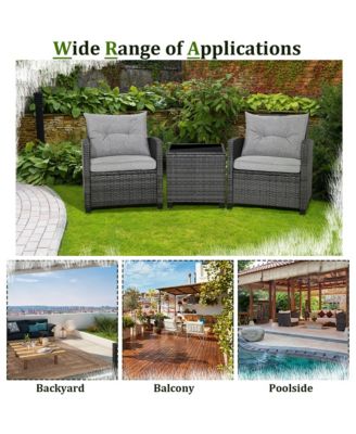 3PCS Patio Rattan Sofa Set Outdoor Wicker Conversation Set Glass Tabletop w/ Grey Cushion
