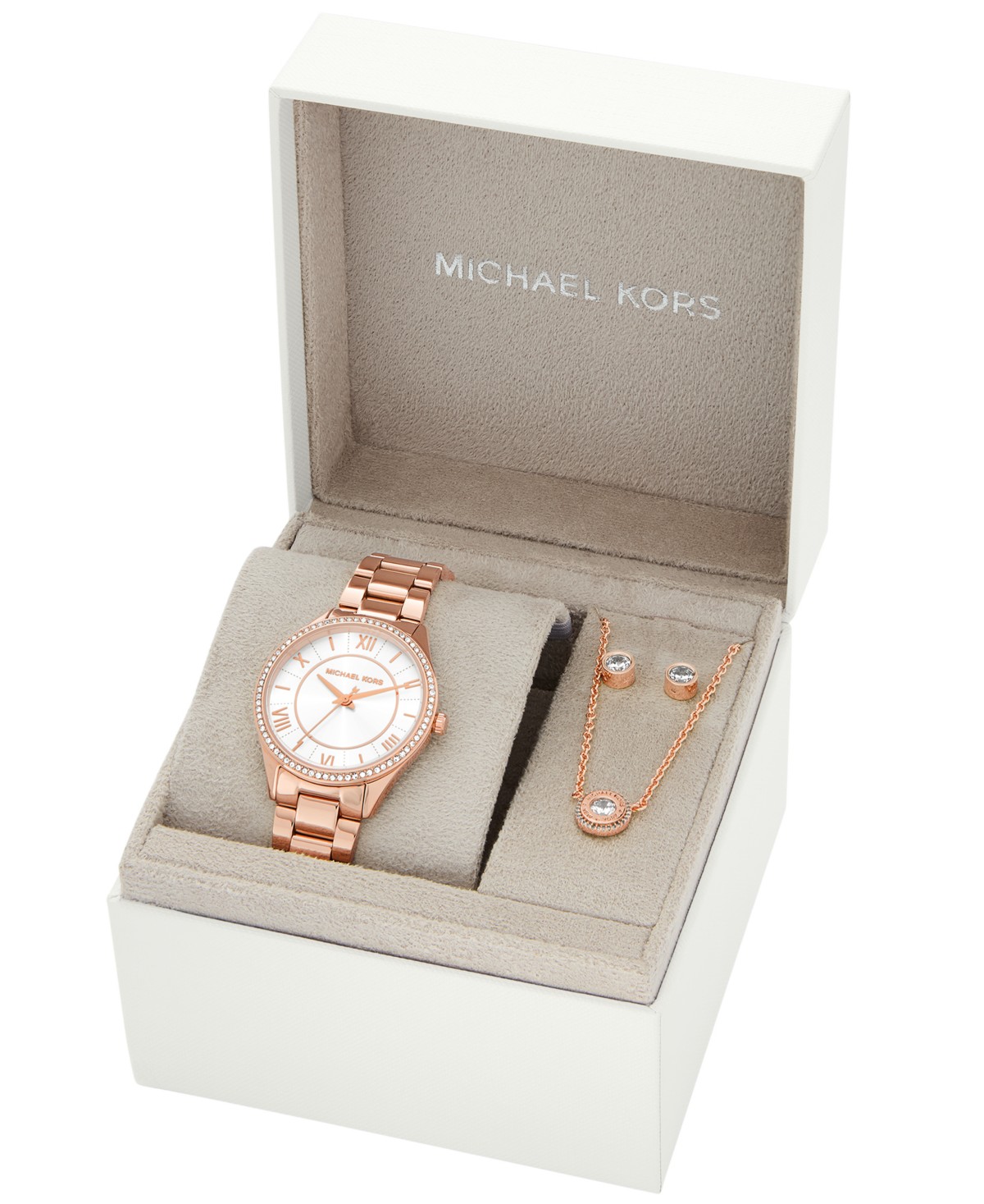 Женский набор Michael Kors Lauryn часы 33мм, серьги и колье, розовое золото — фото 5