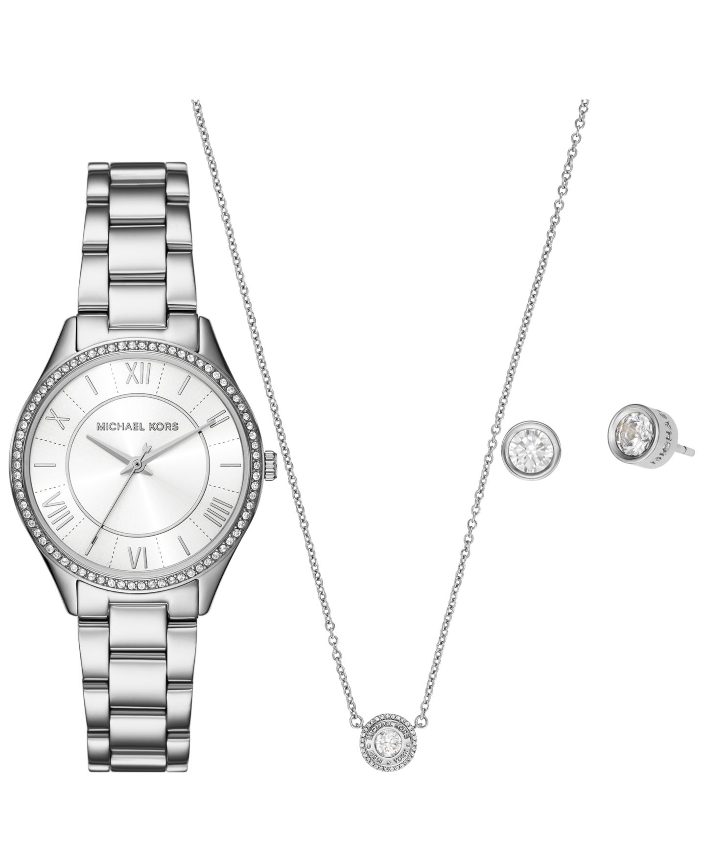 Женский подарочный набор Michael Kors Lauryn: часы, серьги и колье, сталь, 33 мм — фото 1