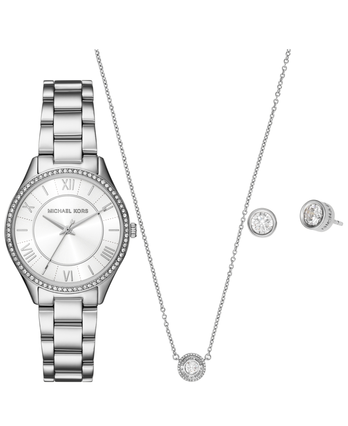Women's Lauryn Three-Hand Stainless Steel Watch, Earrings and Necklace Gift Set 33mm - Silver-tone