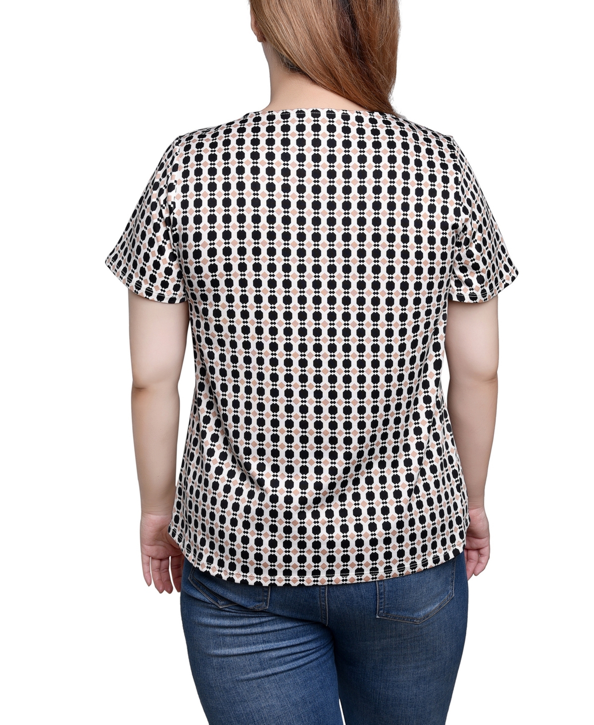Ny Collection Short Sleeve Top With Hardware In Black Beige Geometric