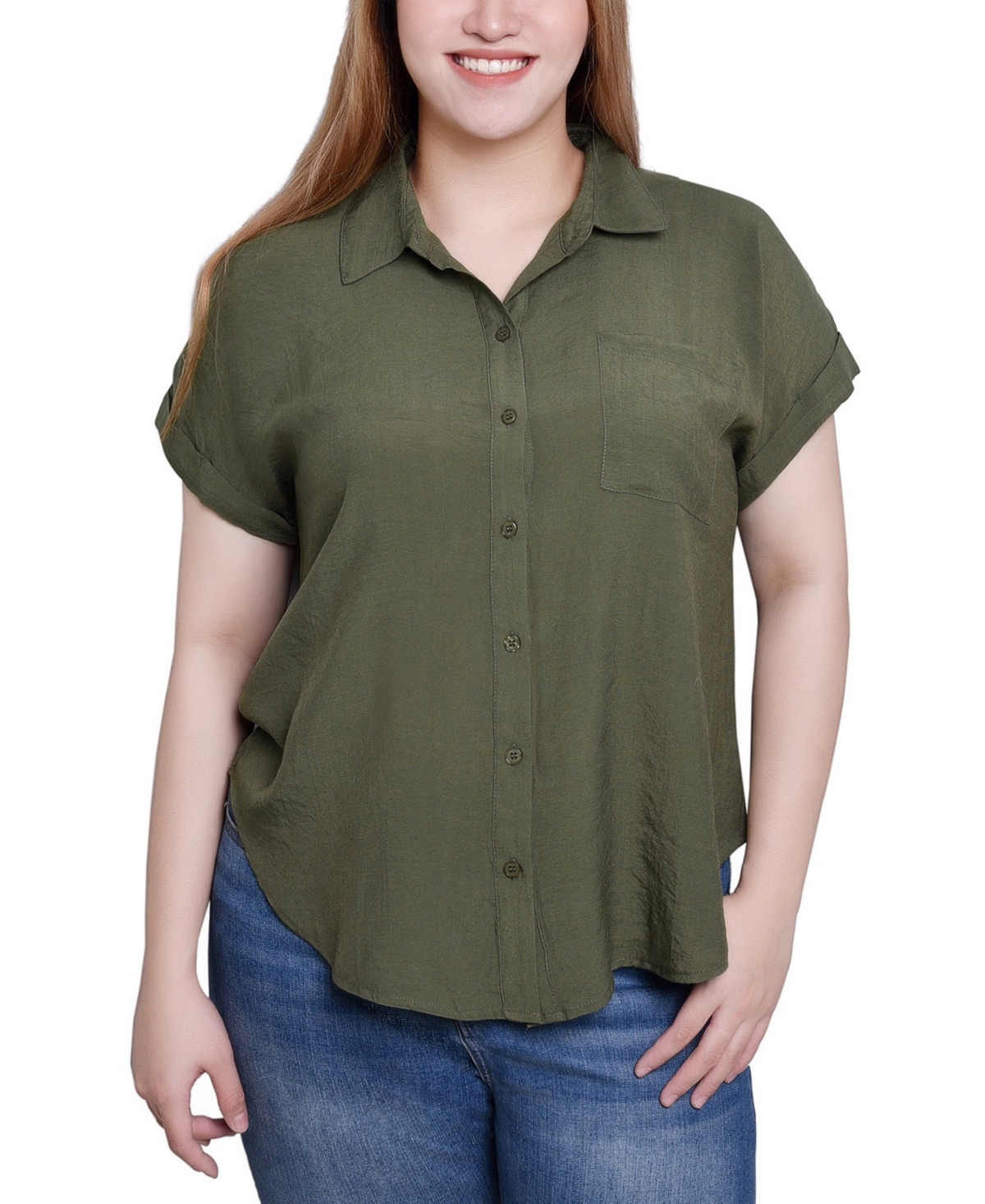 Ny Collection Short Sleeve Woven Front-jersey Back Top In Cypress