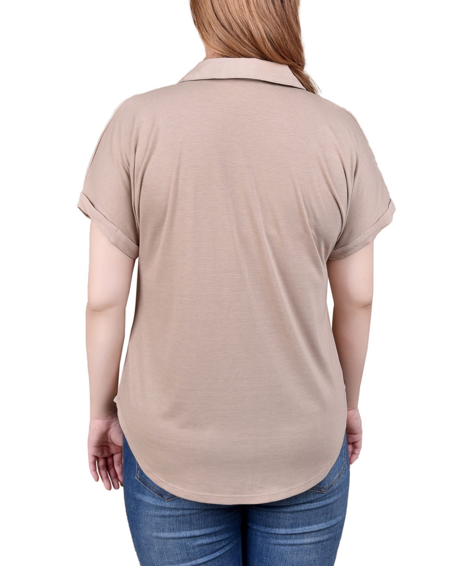Short Sleeve Woven Front-Jersey Back Top