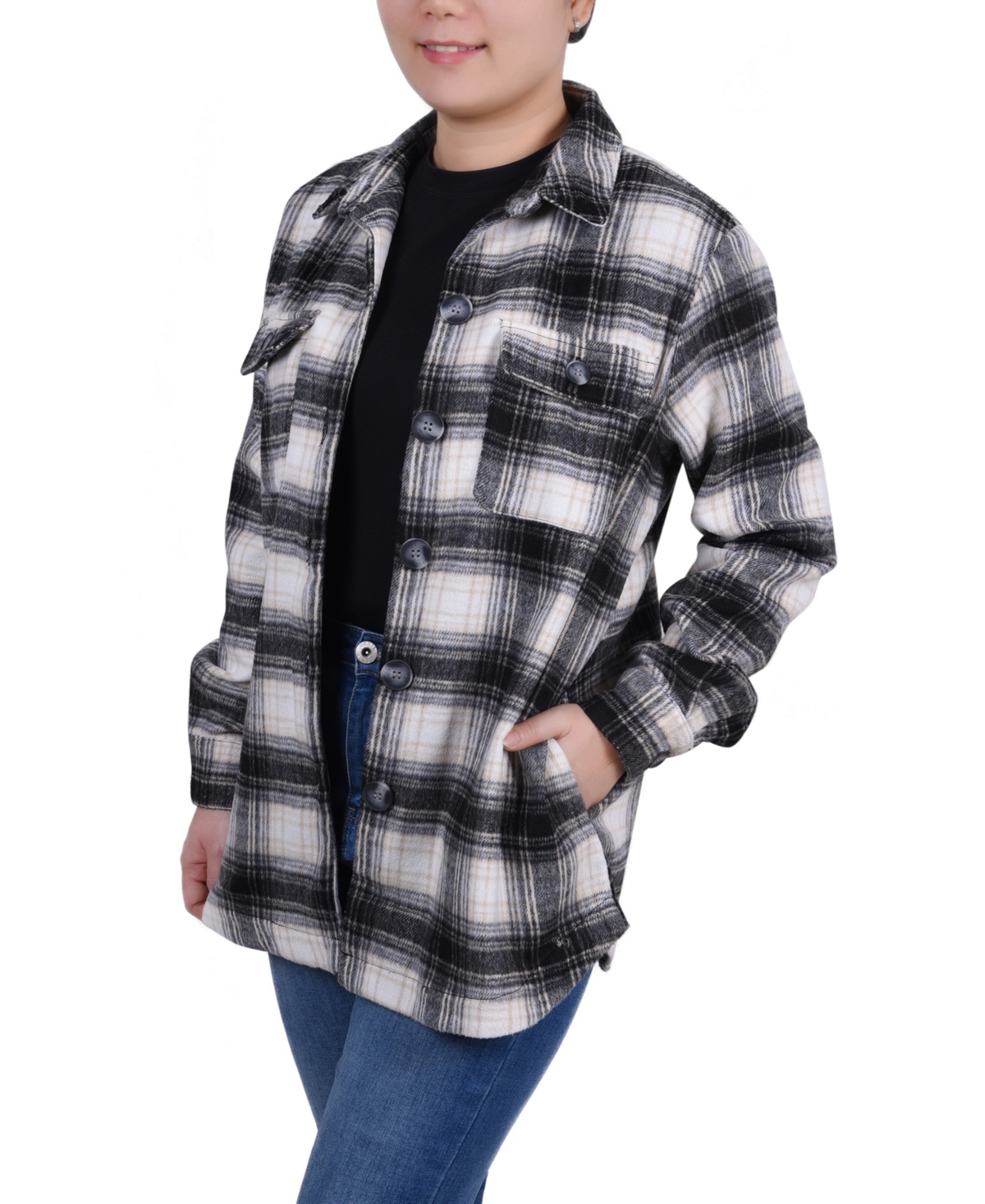 Ny Collection Long Sleeve Twill Shirt Jacket In Black Plaid