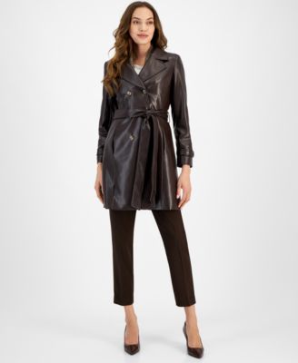 Womens Faux Leather Trench Coat Fringe Blouse Pants