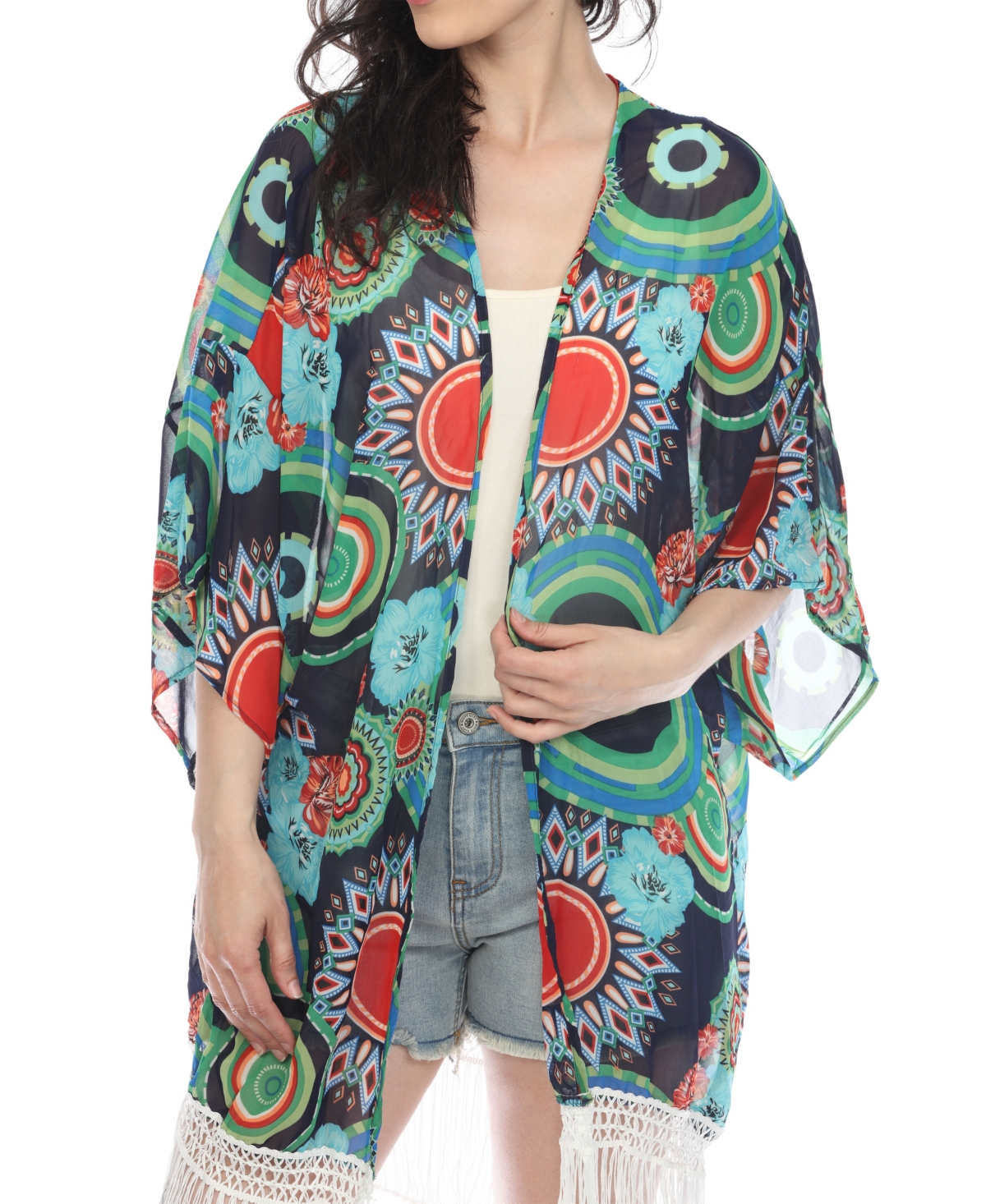 White Mark Women's Sheer Fringe Kimono In Navy