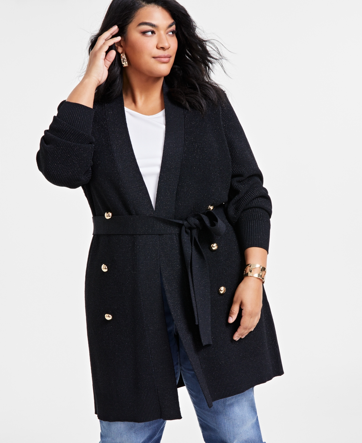 Inc International Concepts Plus Size Metallic Double-breasted Cardigan, Created For Macy's In Deep Black