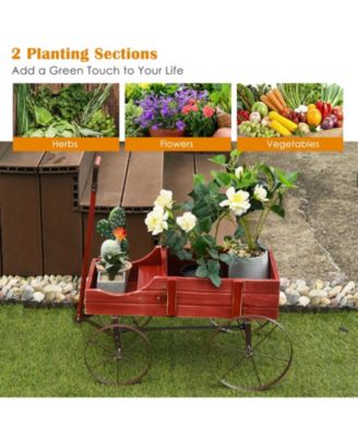Wooden Wagon Plant Bed with Metal Wheels for Garden Yard Patio