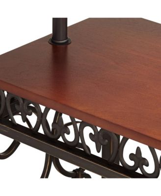 Travata Rustic Vintage Floor Lamp with End Table 54" Tall Bronze Scrollwork Swing Arm Burlap Fabric Empire Shade for Living Room Reading