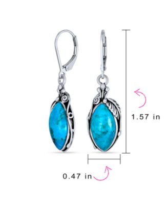 Style Natural Stabilized Blue Turquoise Marquise Shaped Leaf Feather Dangle Earrings Lever back Oxidized Sterling Silver
