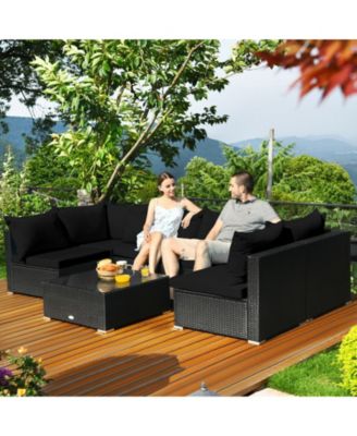 7 Pieces Sectional Wicker Furniture Sofa Set with Tempered Glass Top-Black