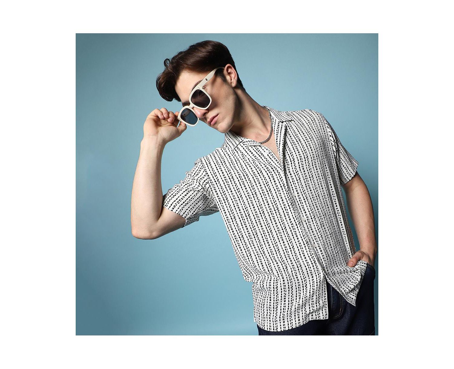 Men's Ivory White Dot Lined Shirt