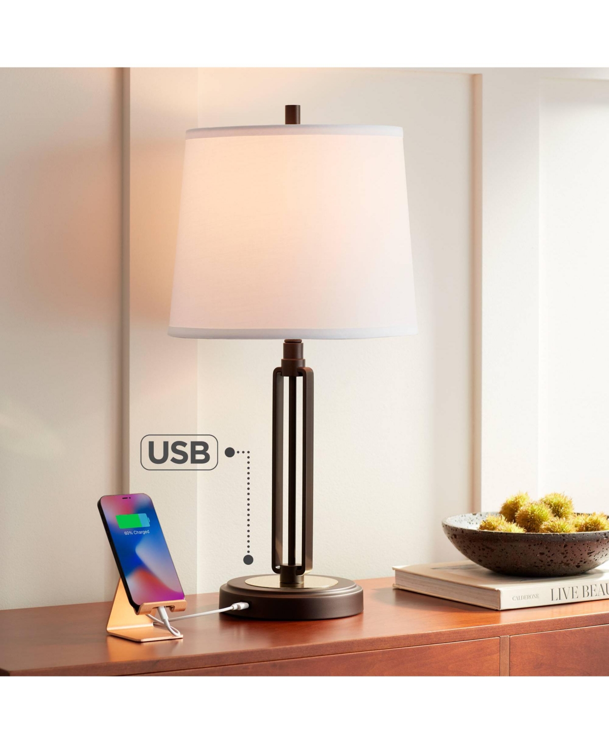 Franklin Iron Works Javier Industrial Table Lamp with Hotel Style Usb Charging Port 24.5" High Iron Bronze White Drum Shade Decor for Living Room Desk