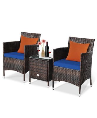 3 Pieces Ergonomic Wicker Patio Conversation Set-Navy
