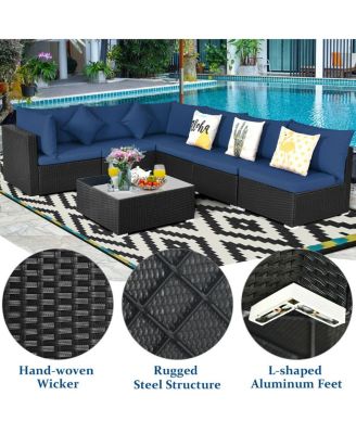 7 Pieces Sectional Wicker Furniture Sofa Set with Tempered Glass Top-Navy