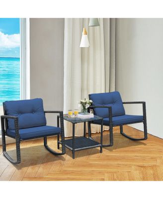 3 Pieces Cushioned Patio Rattan Set with Rocking Chair and Table