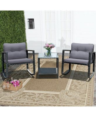 3 Pieces Cushioned Patio Rattan Set with Rocking Chair and Table-Grey