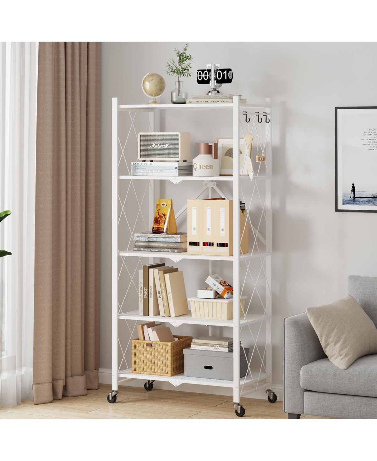 Sugift 5-Tier Folding Storage Shelves Metal Folding Shelves with Wheels, 750Lbs Capacity,- White