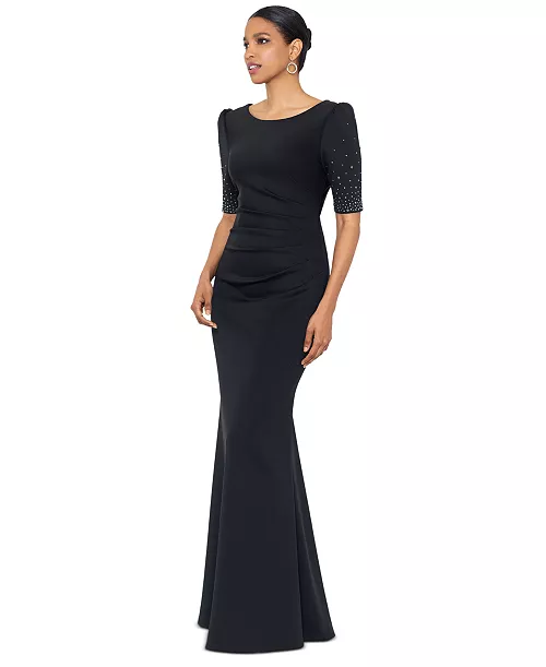 women's embellished scuba boat-neck gown