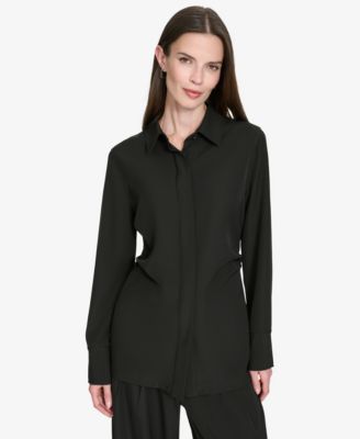 Halston - Women's Button-Down Side-Ruched Blouse