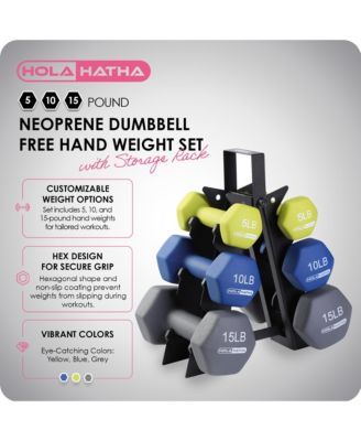 5, 10, and 15 Pound Neoprene Dumbbell Free Hand Weight Set with Rack