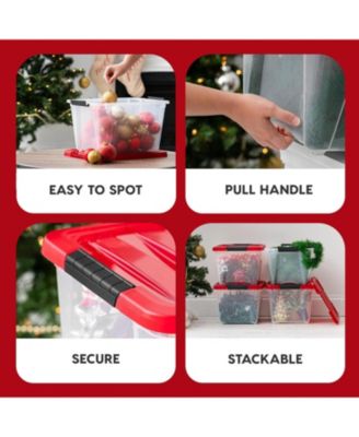 USA 4Pack 19qt Christmas Plastic Storage Bin with Lid and Secure Latching Buckles, Clear/Red