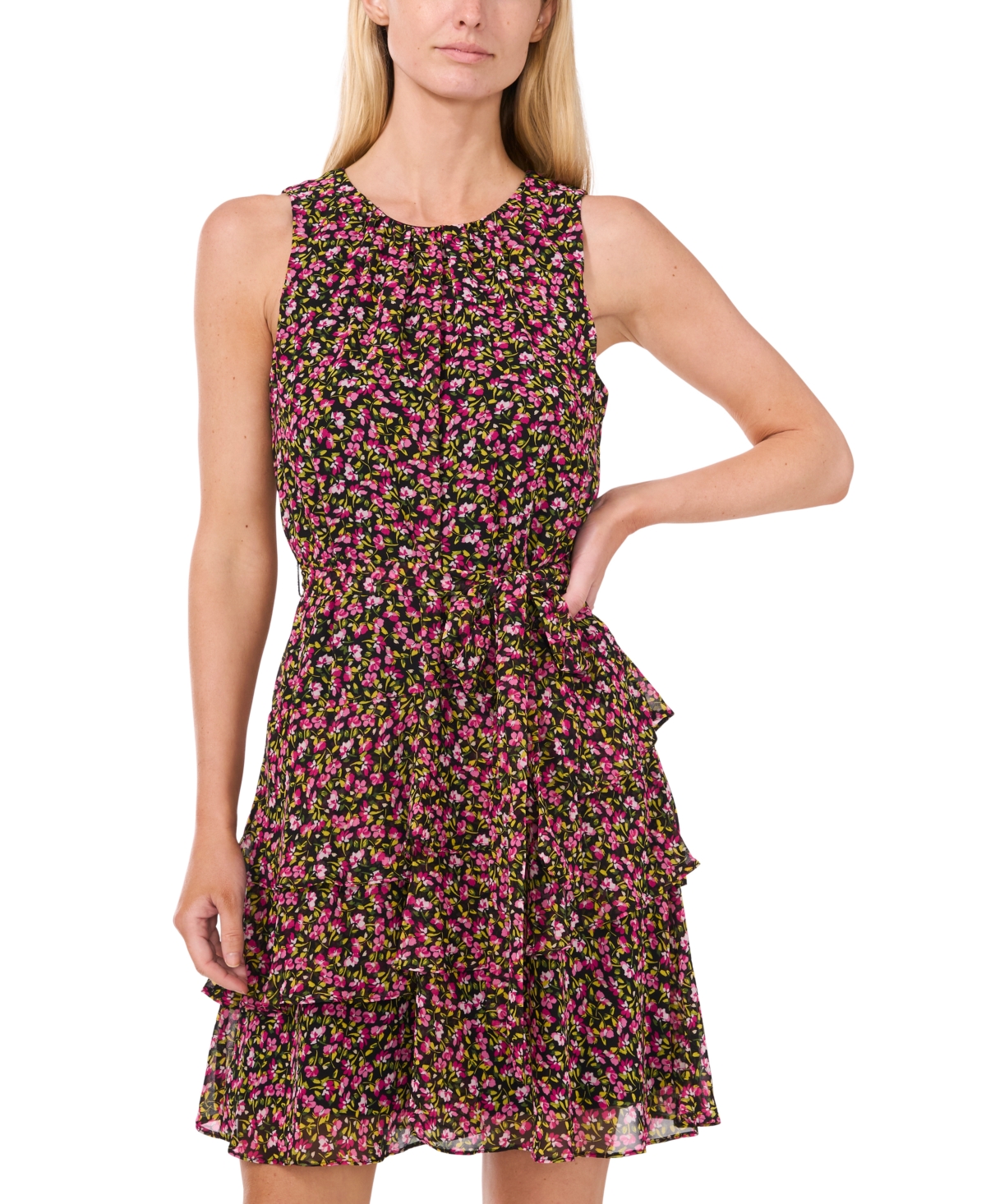 CeCe Women's Pleated-Neck Sleeveless Belted Tiered Dress